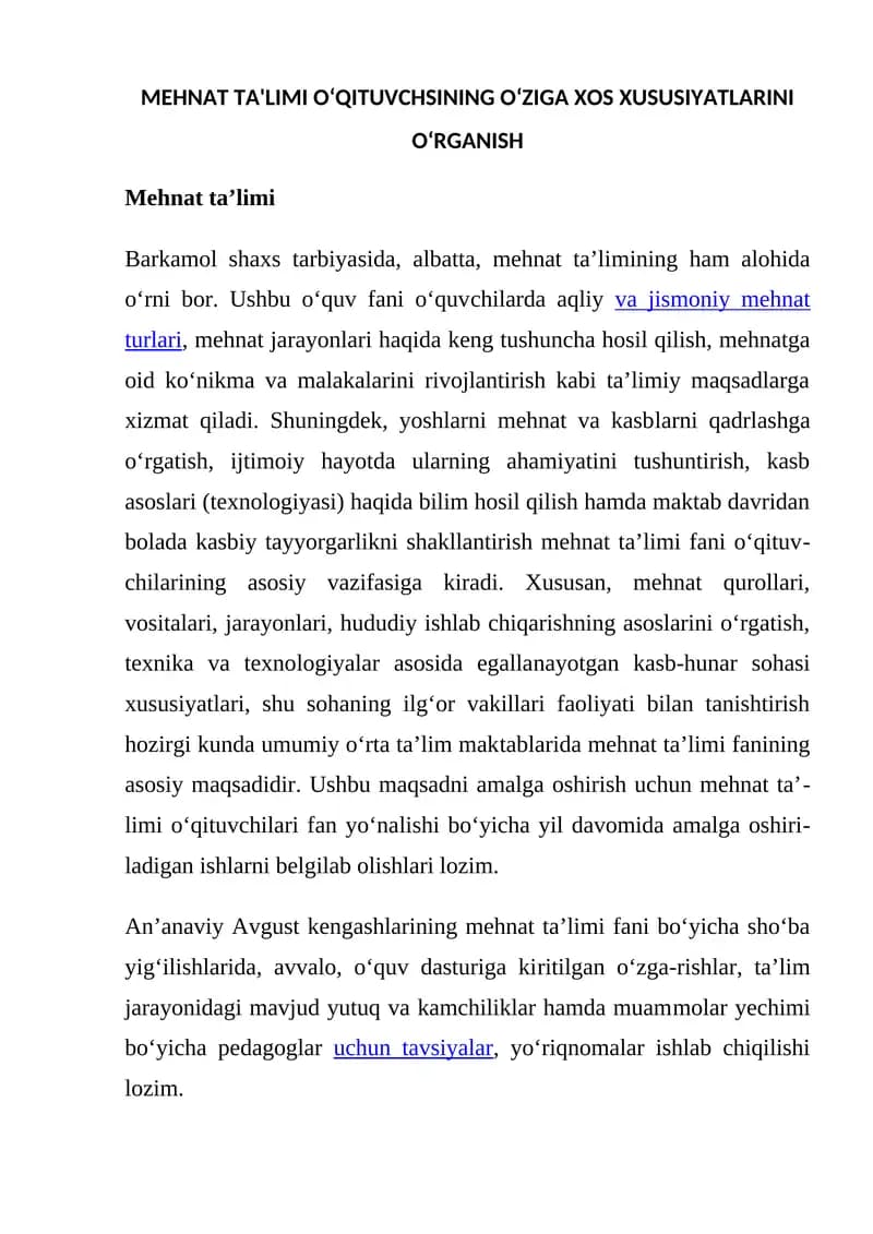 MEHNAT TA'LIMI OʻQITUVCHSINING OʻZIGA XOS XUSUSIYATLARINI OʻRGANISH