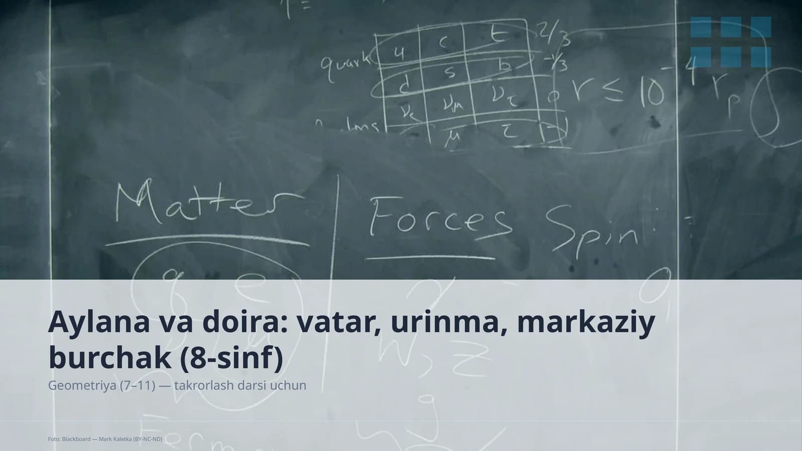 Aylana va doira: vatar, urinma, markaziy burchak (8-sinf)