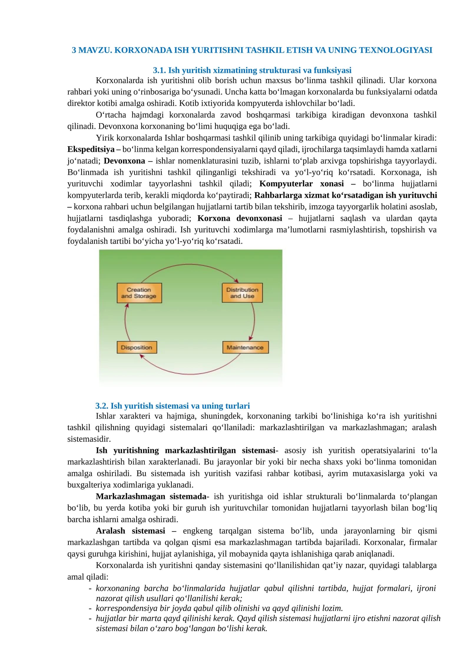 MAVZU. KORXONADA ISH YURITISHNI TASHKIL ETISH VA UNING TEXNOLOGIYASI