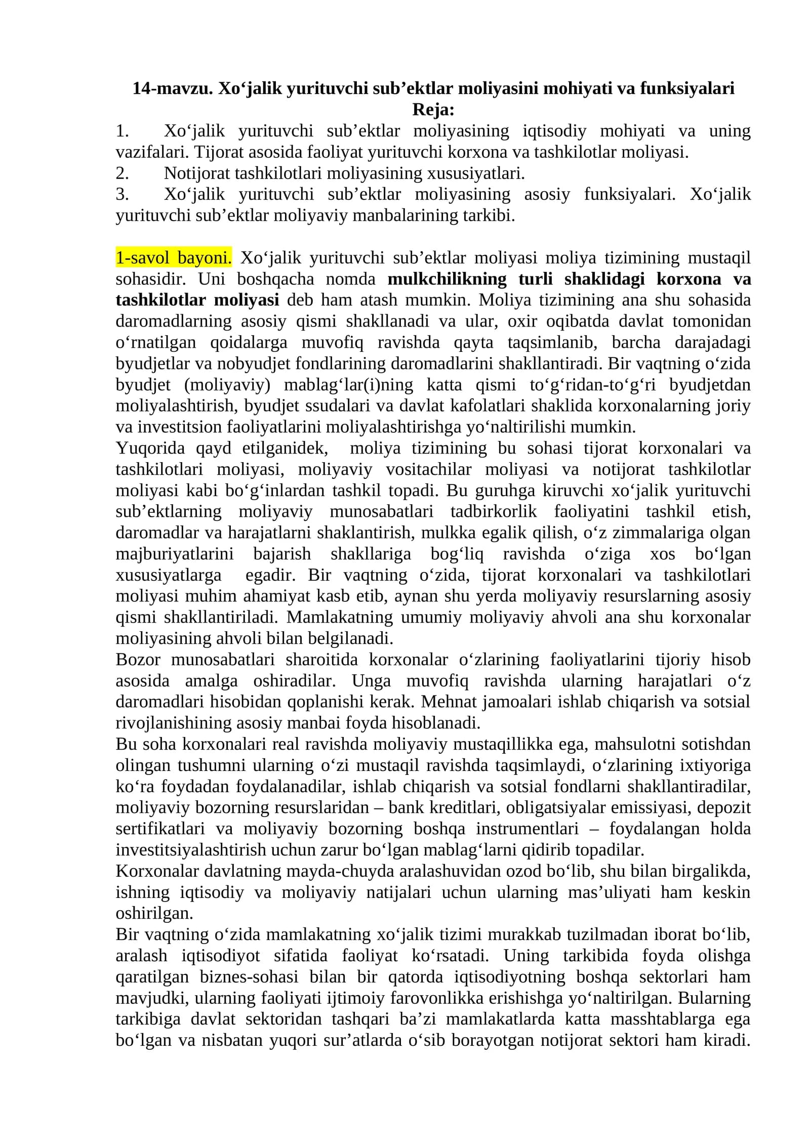 Xo‘jalik yurutuvchi sub’ektlar moliyasi