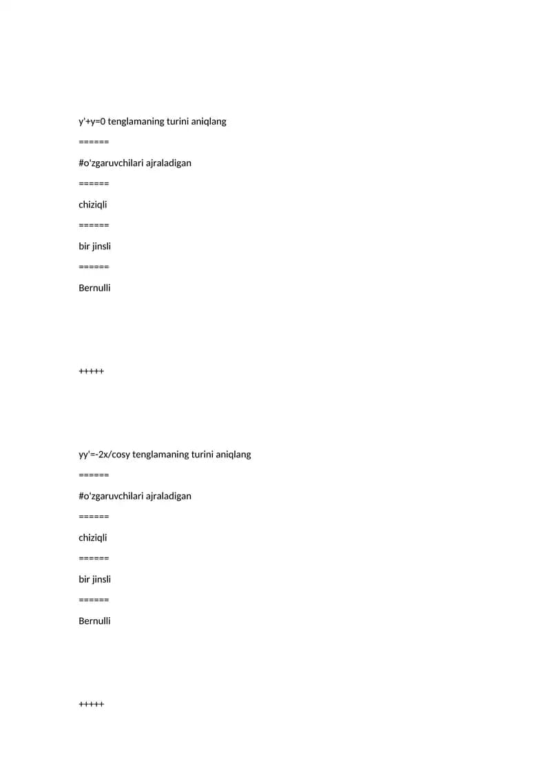 Differensial tenglamalar test savollari