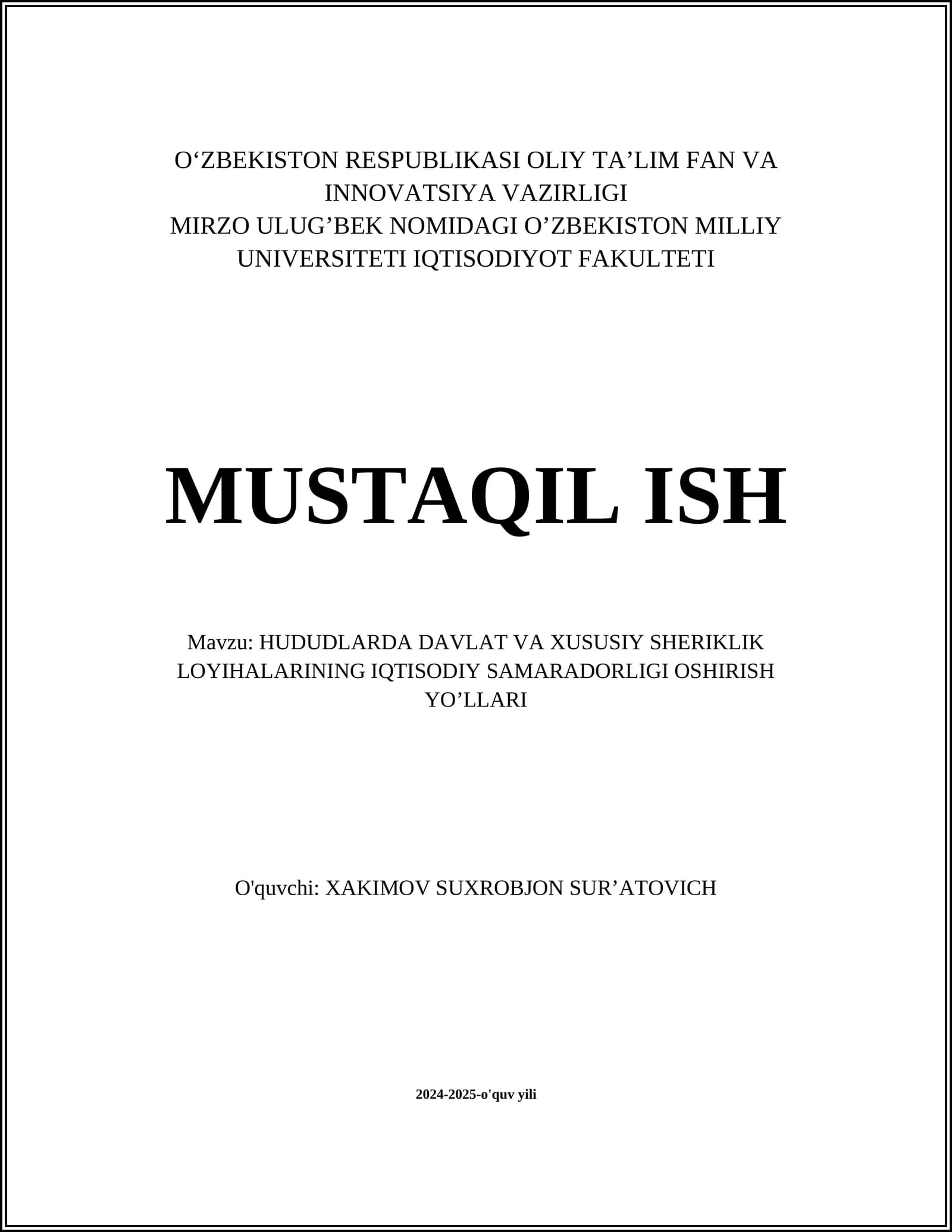 Hududlarda Davlat va Xususiy Sheriklik Loyihalarining Iqtisodiy Samaradorligi Oshirish Yo’llari
