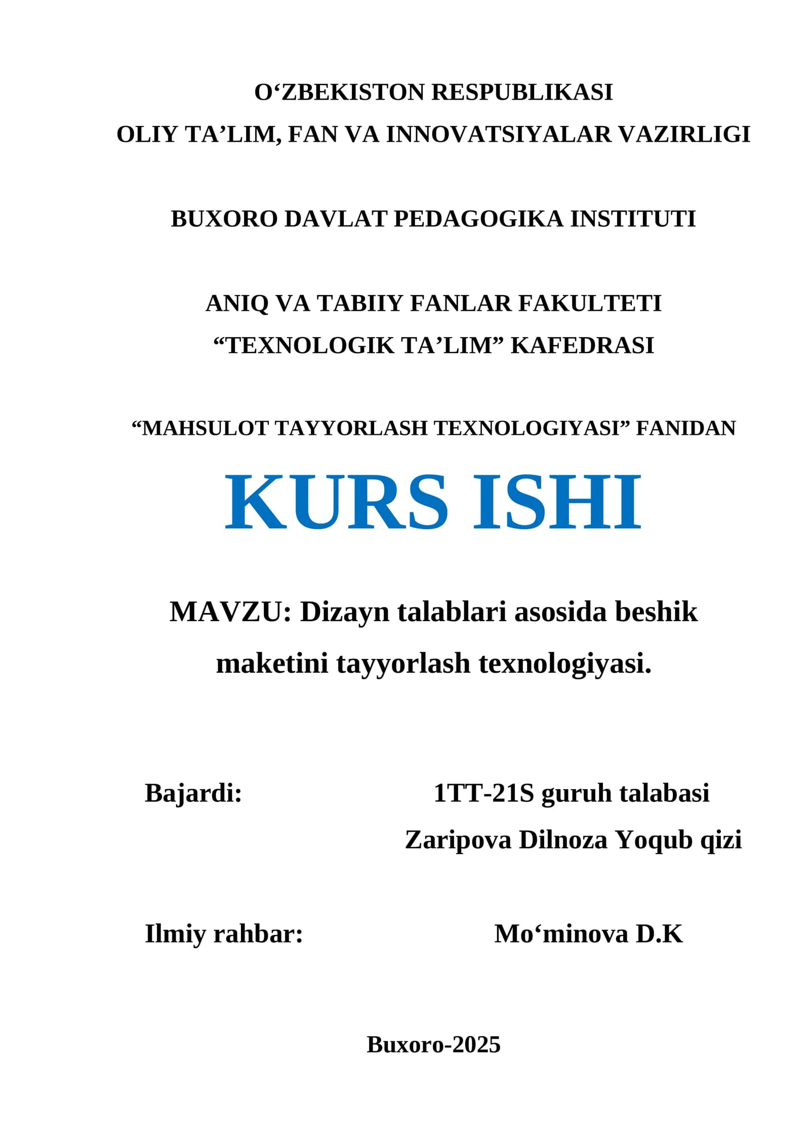 MAHSULOT TAYYORLASH TEXNOLOGIYASI
