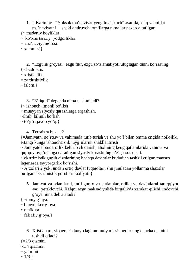 milliy istiqlol g'oyasi testlar
