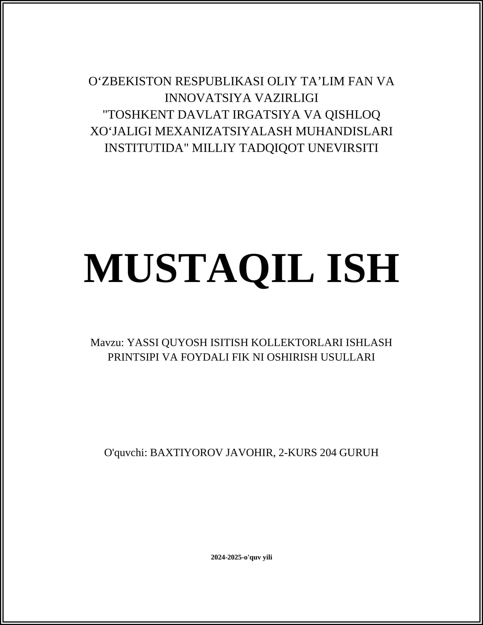 Yassi Quyosh Isitish Kollektorlari