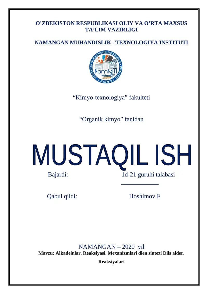 Alkadeinlar. Reaksiyasi. Mexanizmlari dien sintezi Dils alder. Reaksiyalari