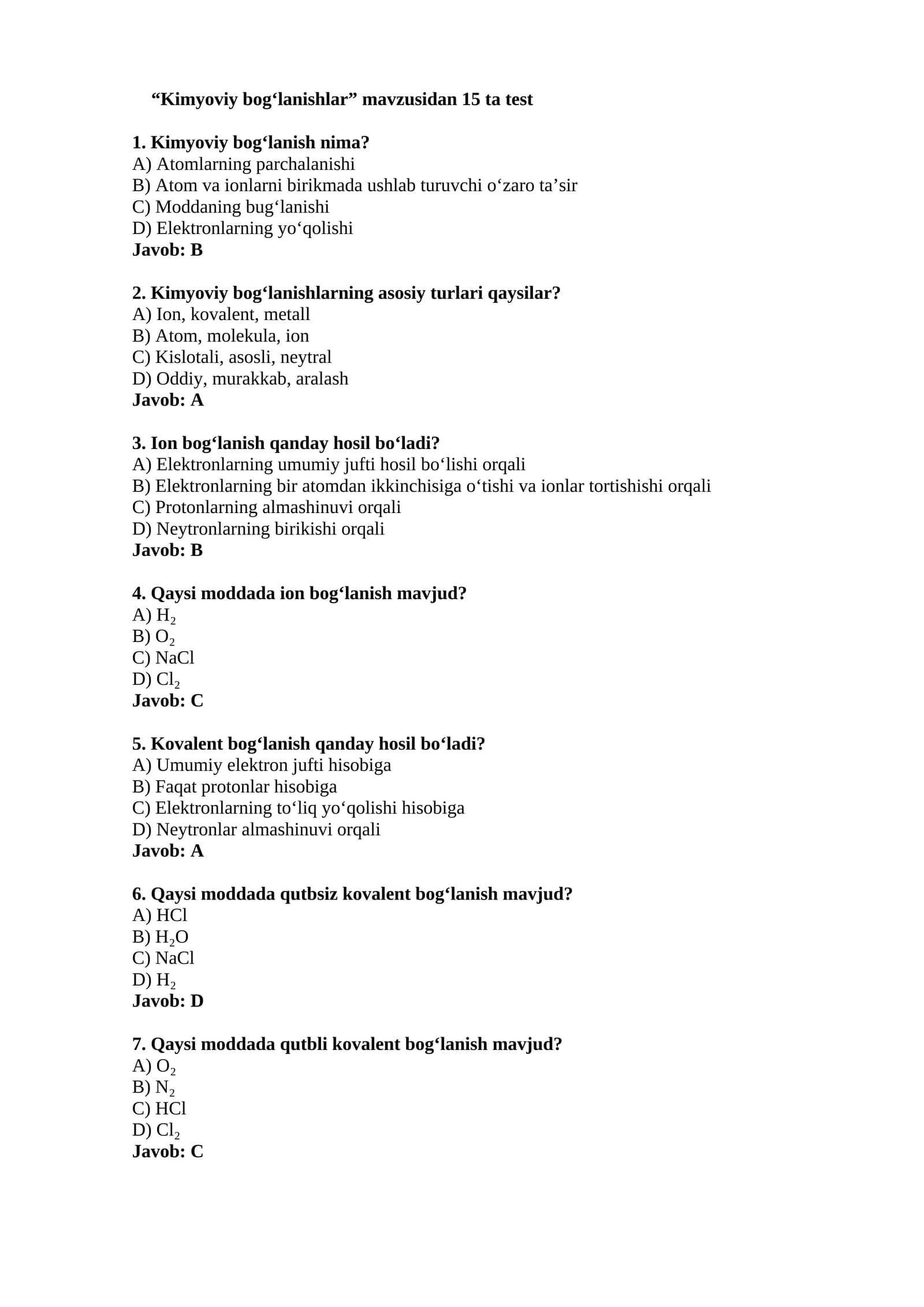 Kimyoviy bog‘lanishlar test savollari