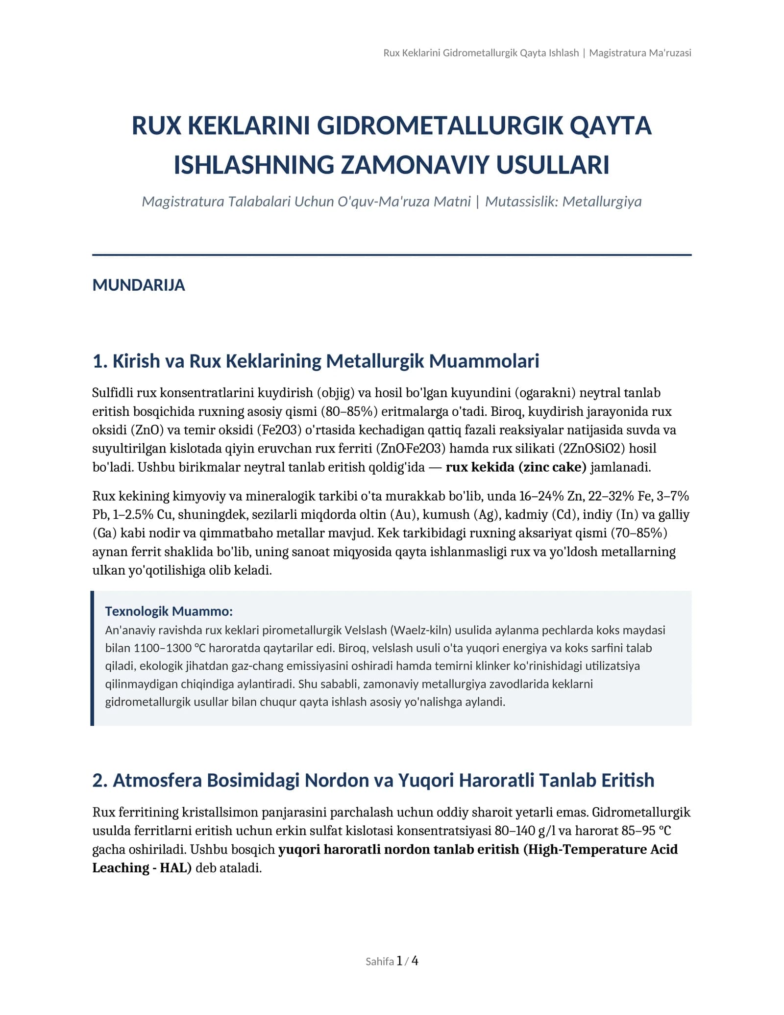 Rux Keklarini Gidrometallurgik Qayta Ishlash | Magistratura Ma'ruzasi