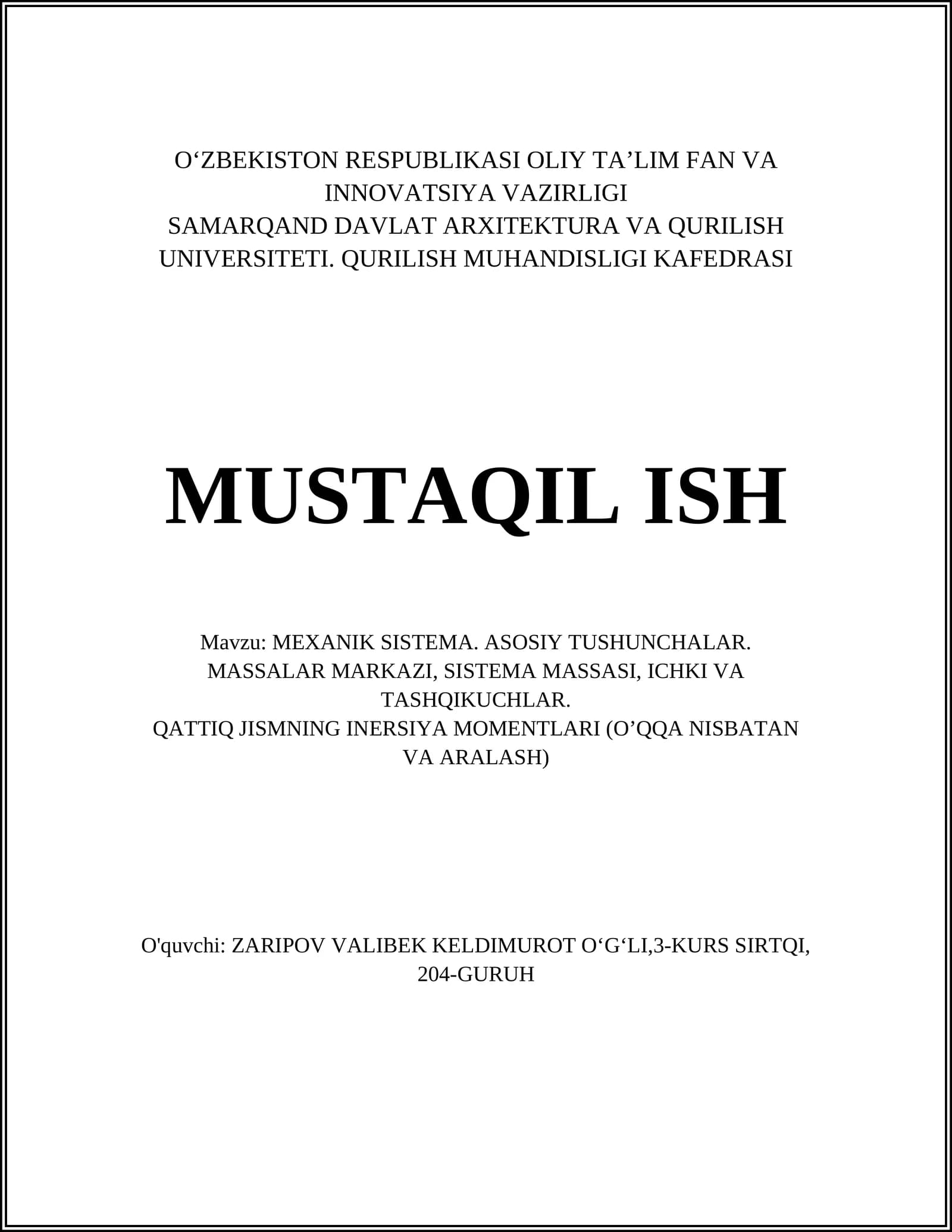 MEXANIK SISTEMA. ASOSIY TUSHUNCHALAR