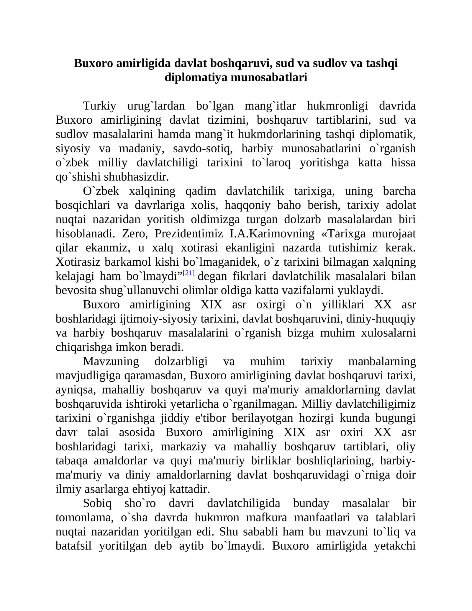 Buxoro amirligida davlat boshqaruv va tashqi diplomatiyamunosabatlari