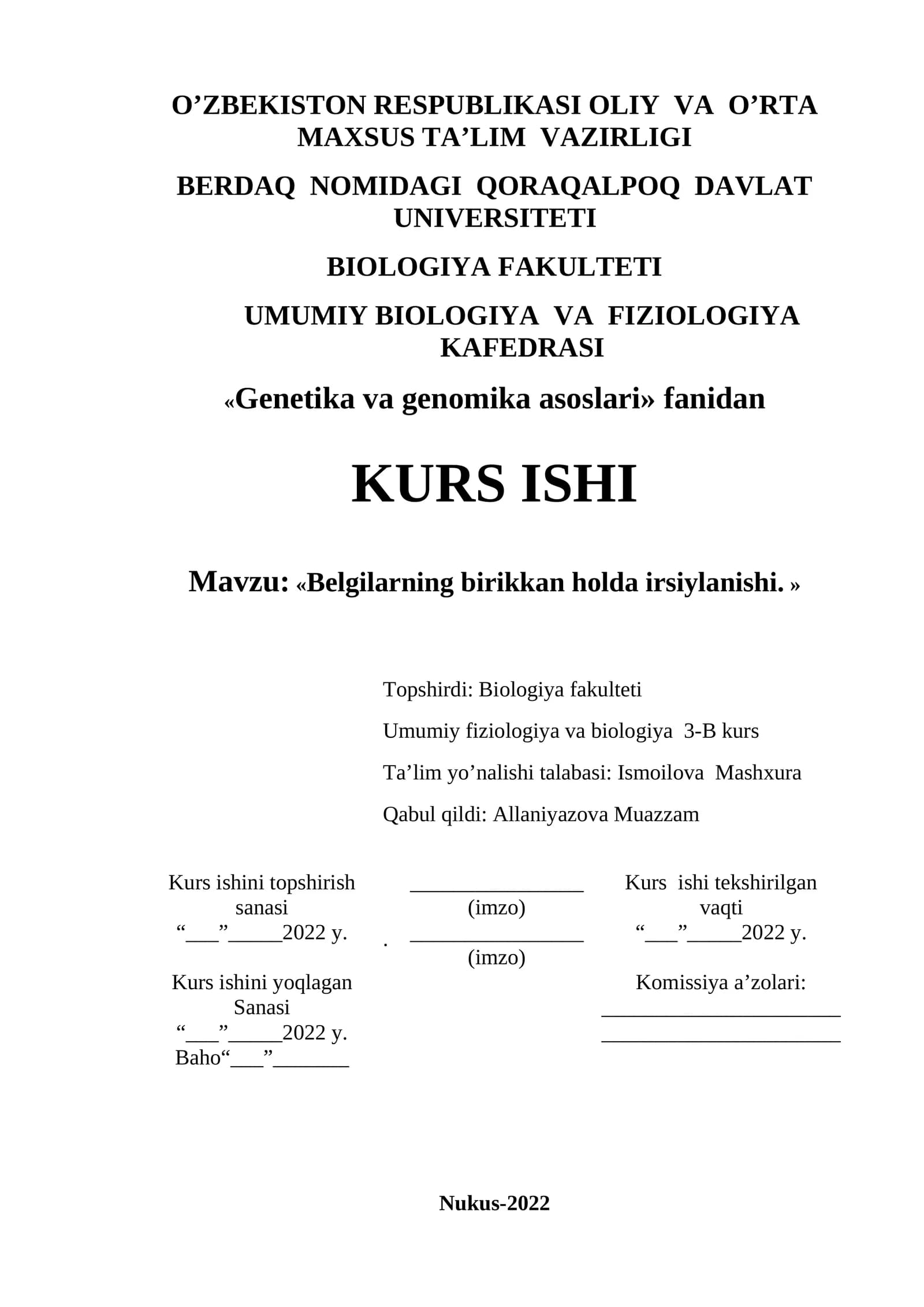 «Belgilarning birikkan holda irsiylanishi. »