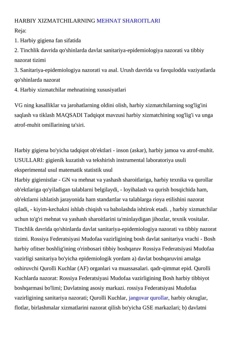 Harbiy Xizmatchilarning Mehnat Sharoitlari