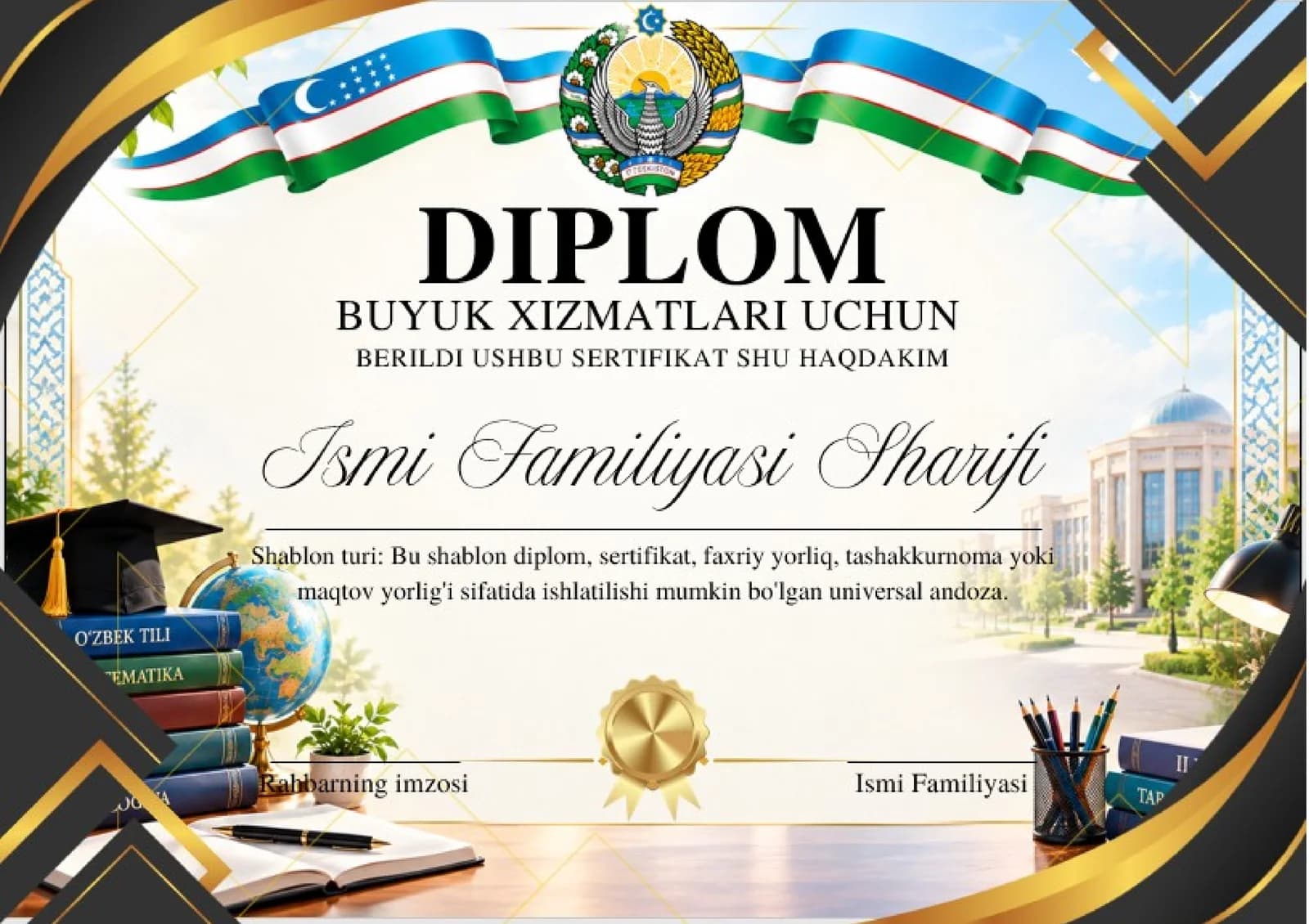 Shablon diplom, sertifikat, faxriy yorliq, tashakkurnoma yoki maqtov yorlig'i
