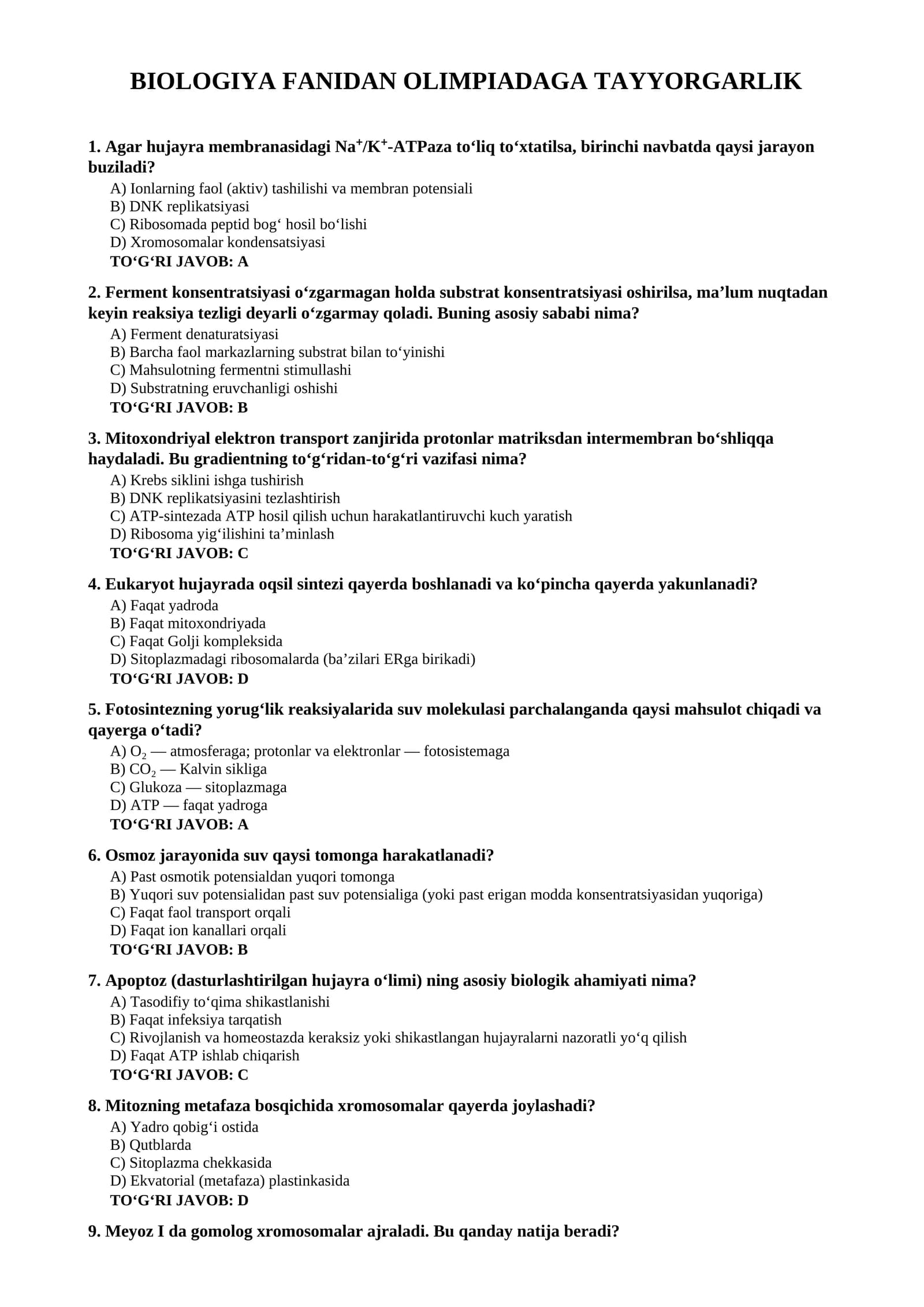 BIOLOGIYA FANIDAN OLIMPIADAGA TAYYORGARLIK