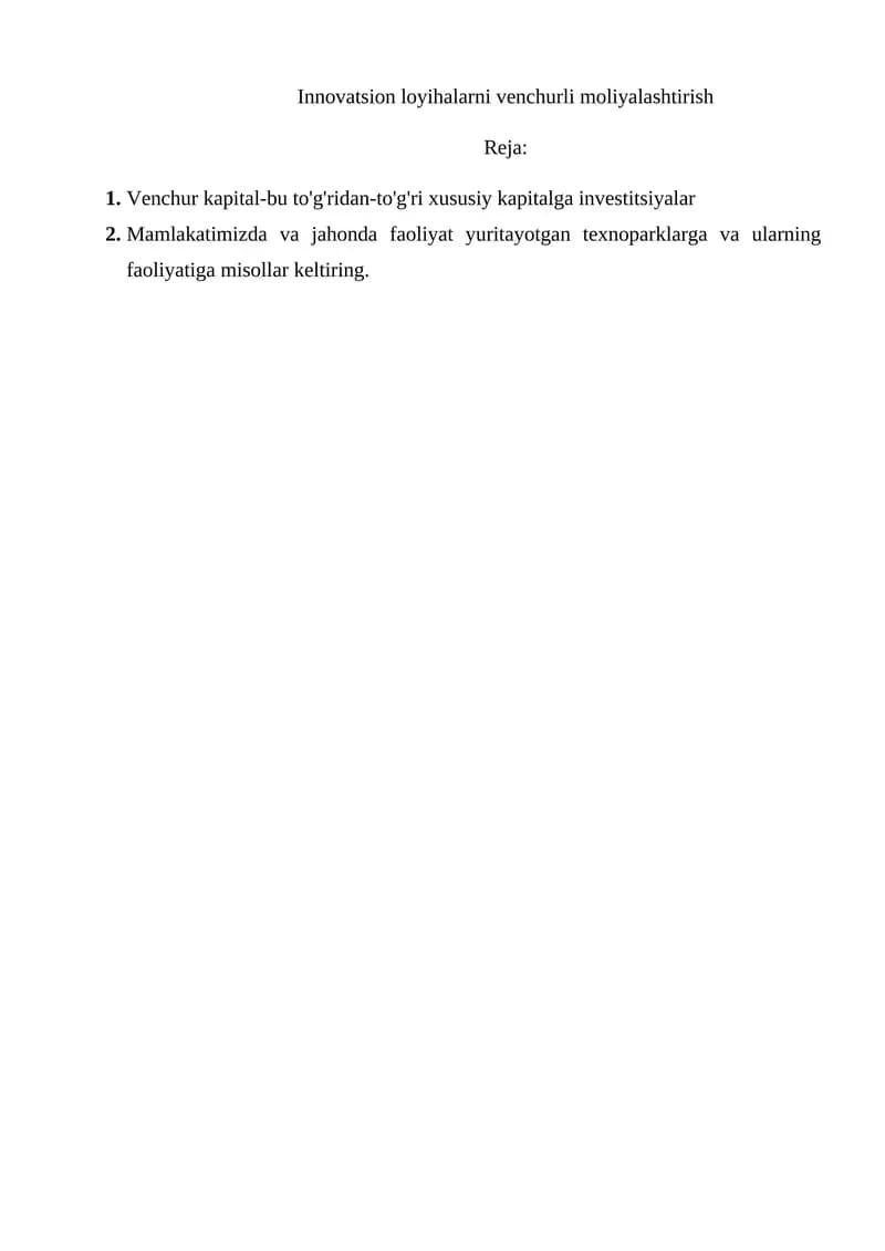 Innovatsion loyihalarni venchurli moliyalashtirish