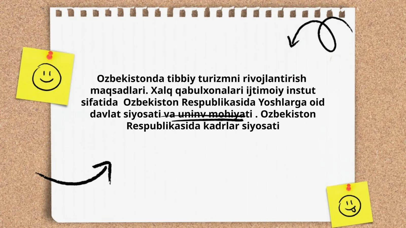 Ozbekistonda tibbiy turizmni rivojlantirish maqsadlari. Xalq qabulxonalari ijtimoiy instut sifatida Ozbekiston Respublikasida Yoshlarga oid davlat siyosati va uninv mohiyati. Ozbekiston Respublikasida kadrlar siyosati