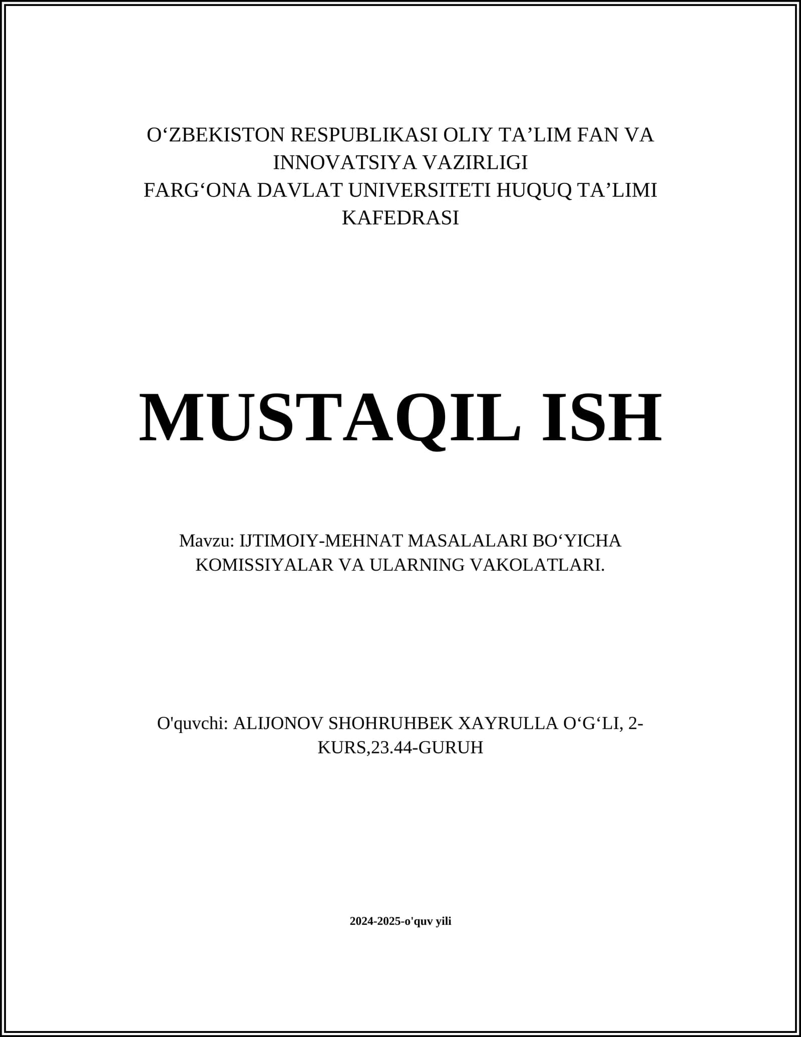 IJTIMOIY-MEHNAT MASALALARI BO'YICHA KOMISSIYALAR VA ULARNING VAKOLATLARI