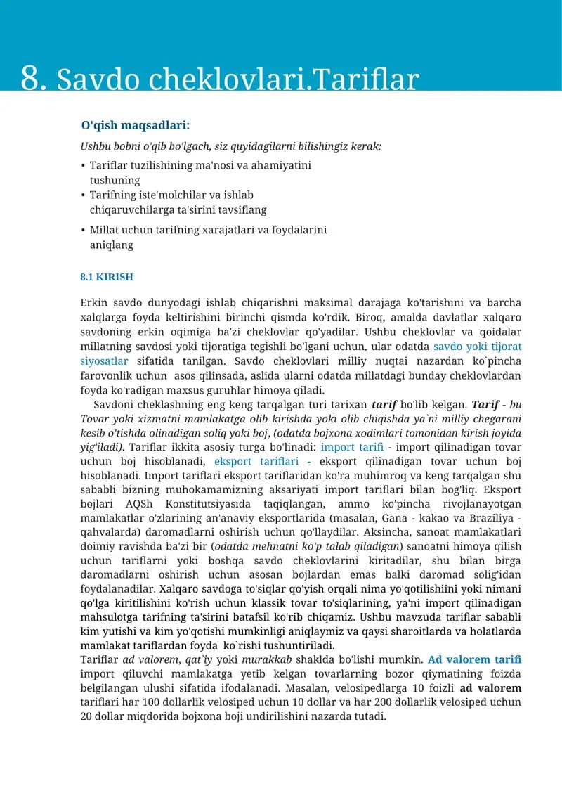 Savdo cheklovlari.Tariflar