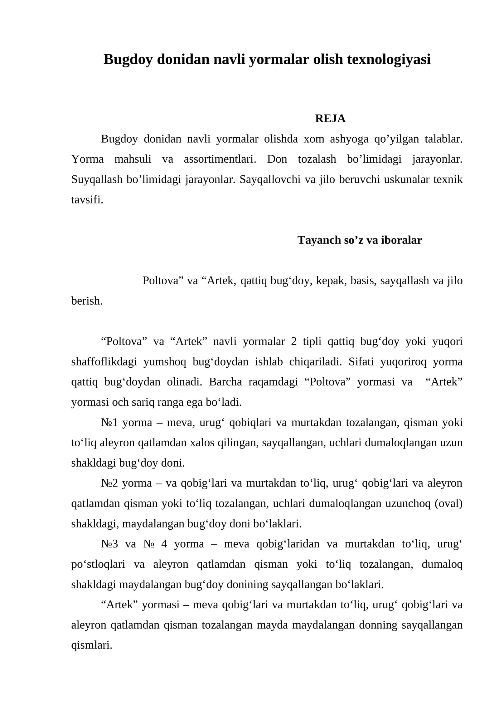 Bugdoy donidan navli yormalar olish texnologiyasi