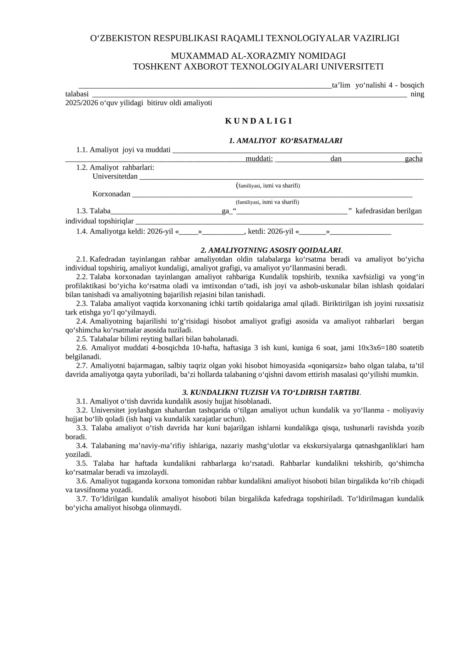 Toshkent Axborot Texnologiyalari Universiteti talabasi amaliyoti