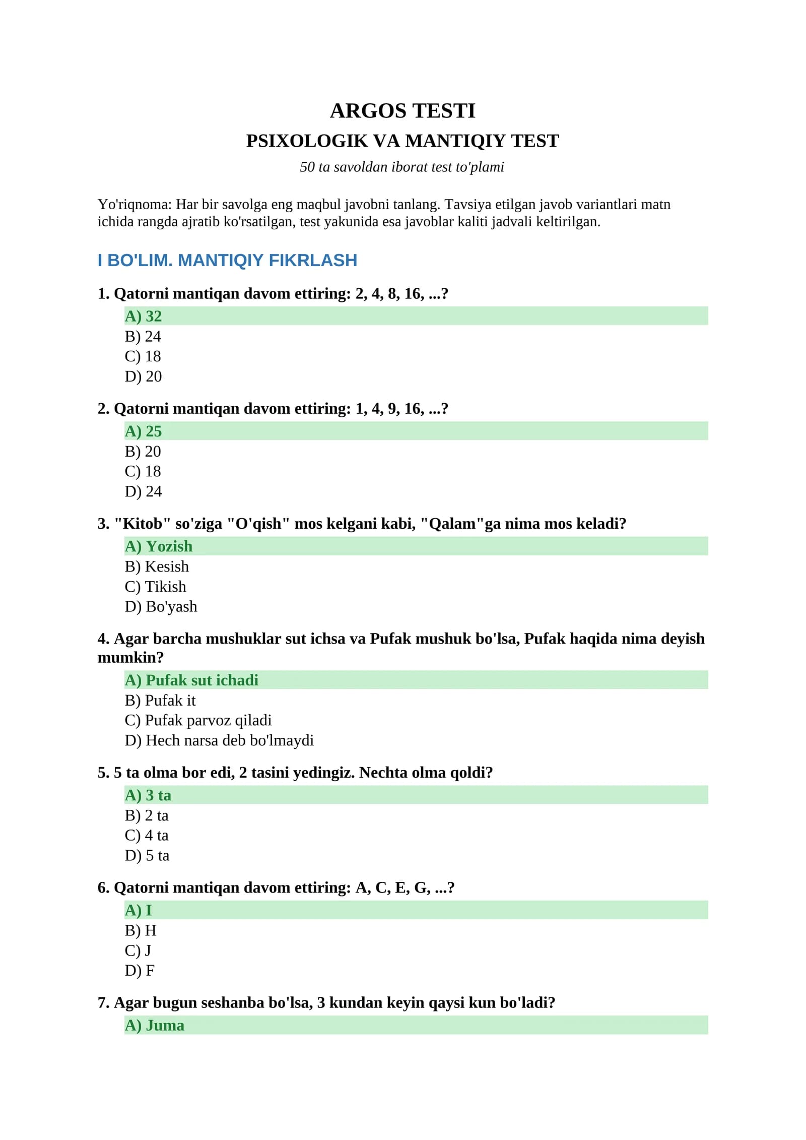 ARGOS test to'plami — Psixologik va Mantiqiy test (50 savol, javoblari bilan)