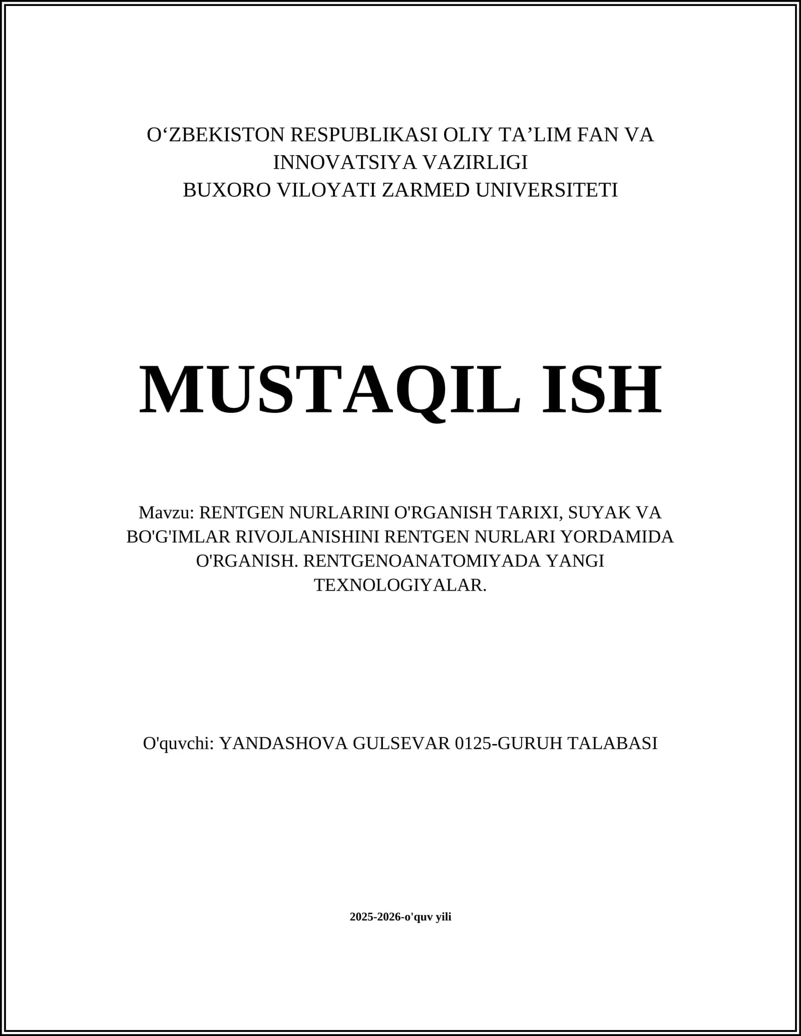 RENTGEN NURLARINI O'RGANISH TARIXI