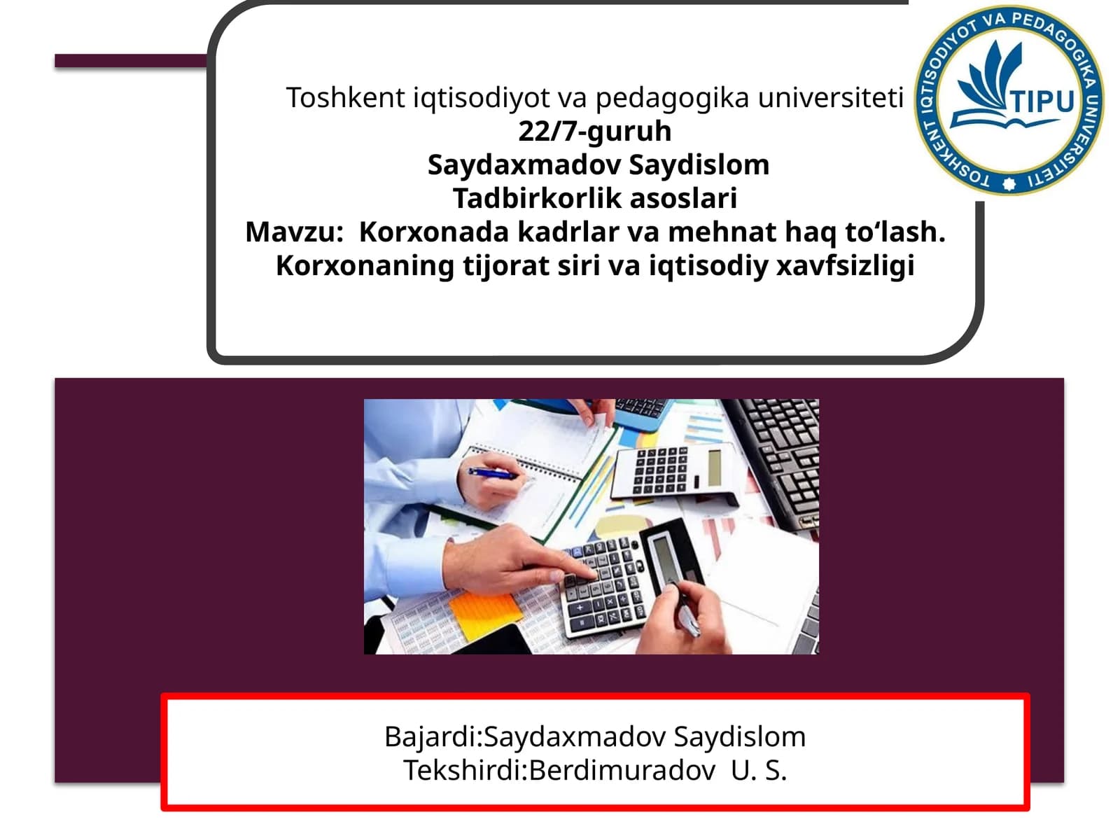 Korxona daki kadrlar va mehnat haqto'lash