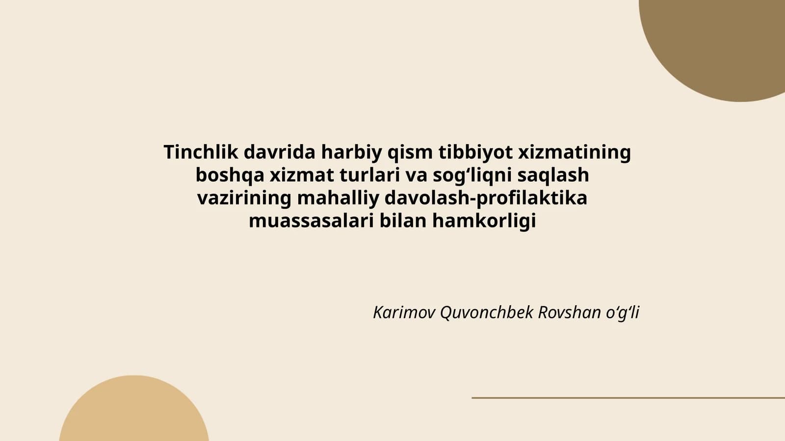 Tinchlik davrida harbiy qism tibbiyot xizmatining boshqa xizmat turlari va sogʻliqni saqlash vazirining mahalliy davolash-profilaktika muassasalari bilan hamkorligi