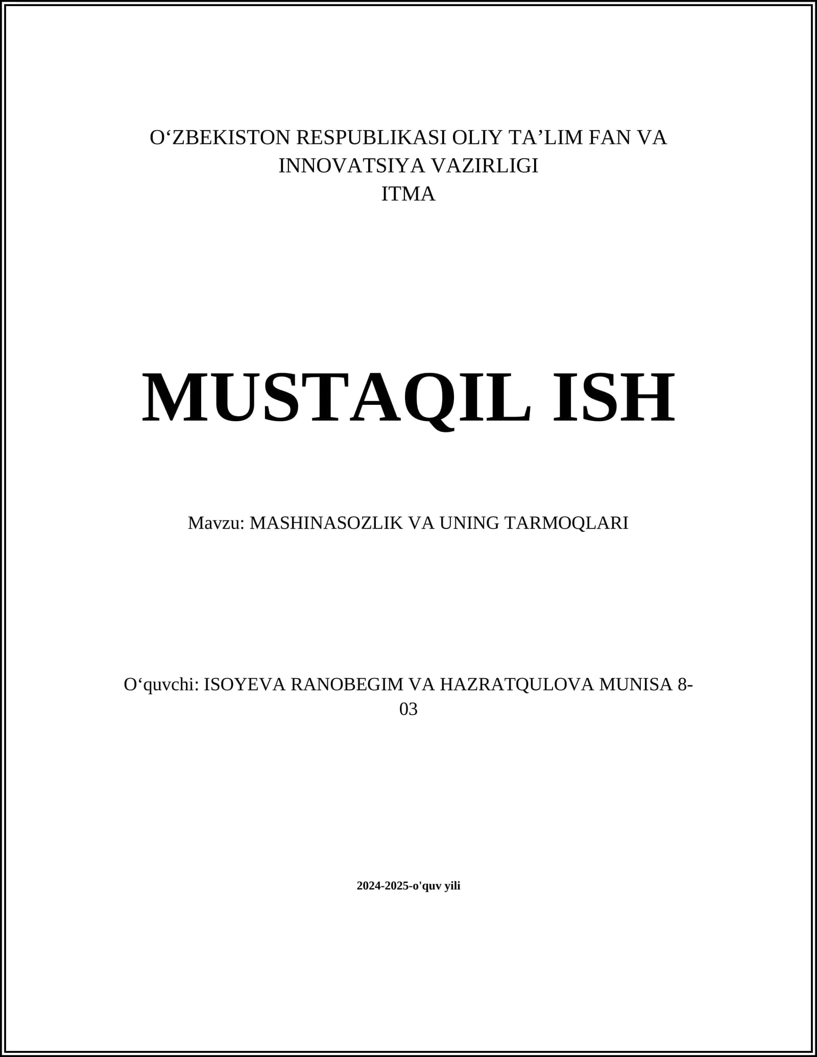 Mashinasozlik va uning tarmoqlari