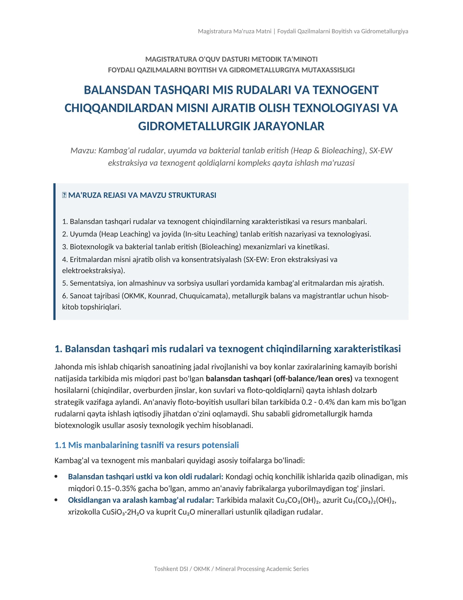 Magistratura Ma'ruza Matni | Foydali Qazilmalarni Boyitish va Gidrometallurgiya