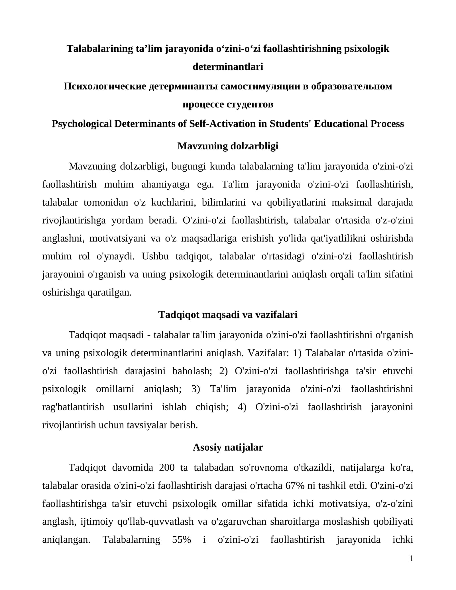Mavzuning dolzarbligi