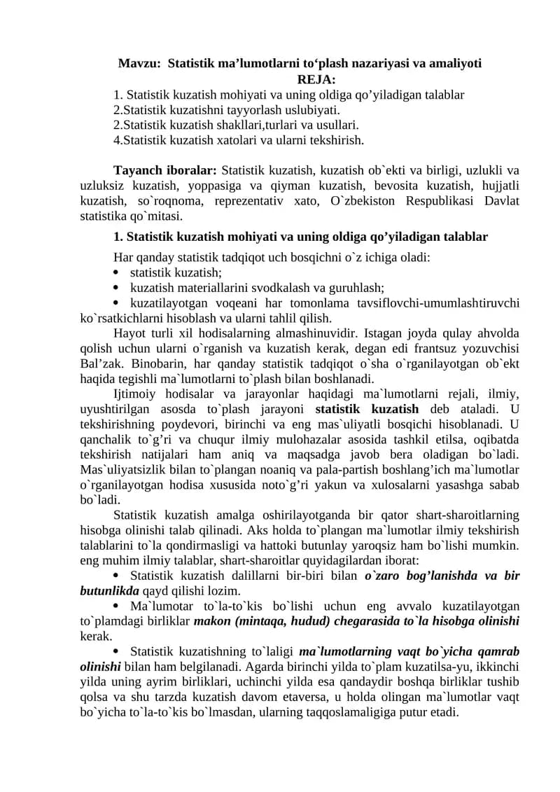 Statistik ma’lumotlarni to‘plash nazariyasi va amaliyoti