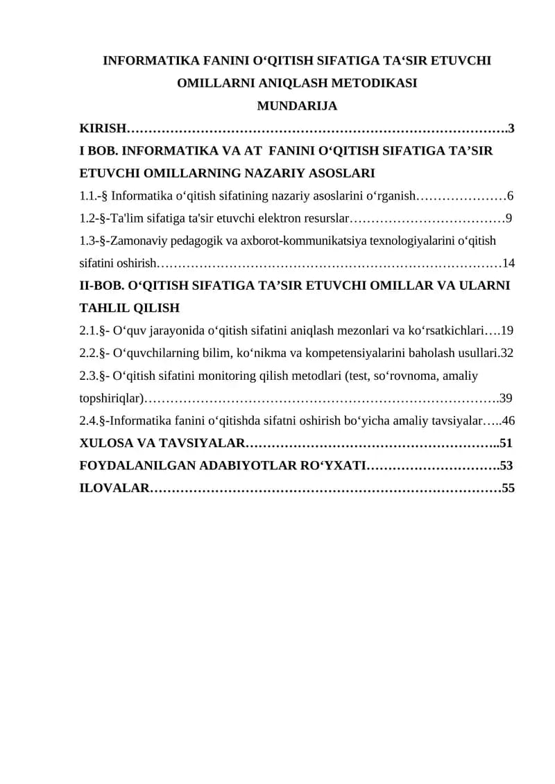 INFORMATIKA FANINI O‘QITISH SIFATIGA TAʻSIR ETUVCHI OMILLARNI ANIQLASH METODIKASI