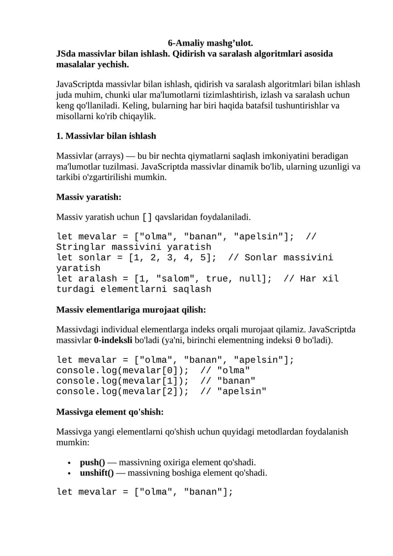 JavaScriptda massivlar bilan ishlash