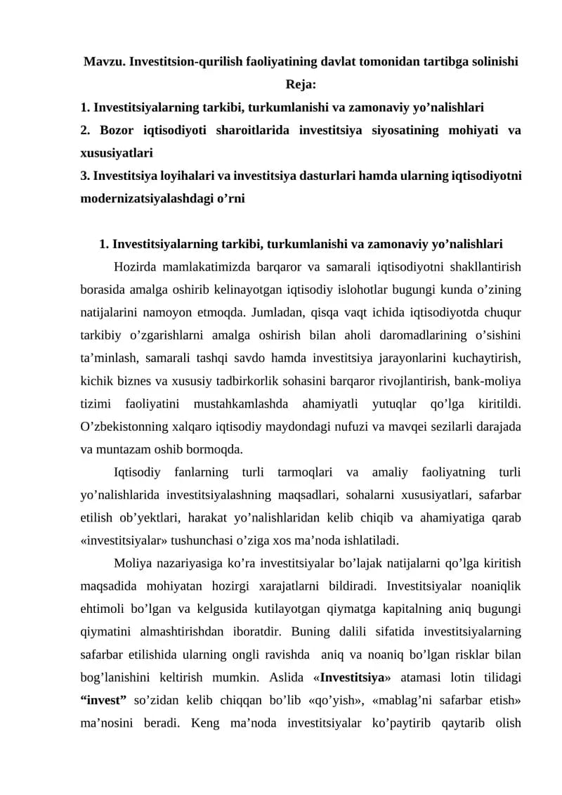 Investitsion-qurilish faoliyatining davlat tomonidan tartibga solinishi
