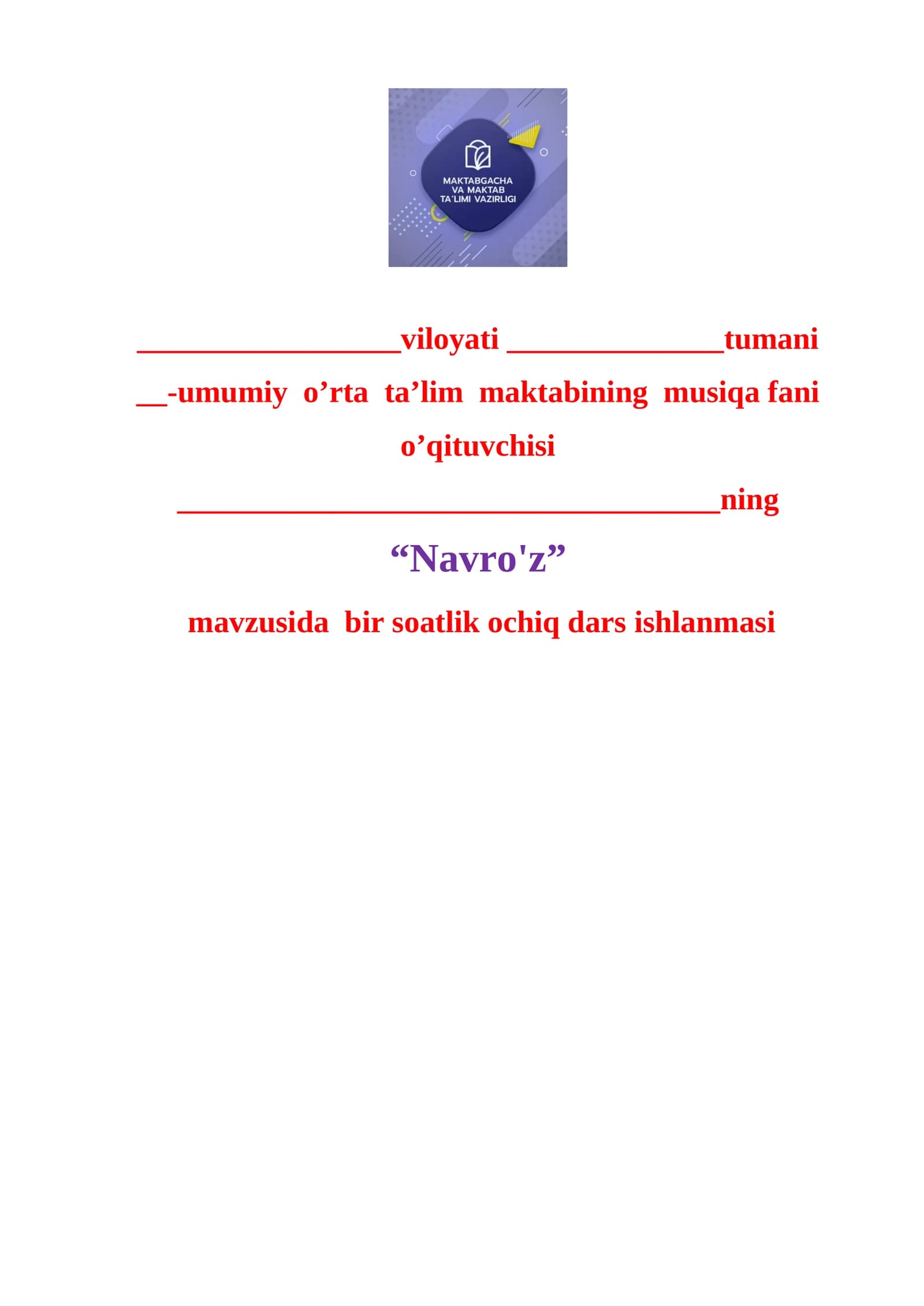 Ochiq dars ishlanmasi "Navro'z"