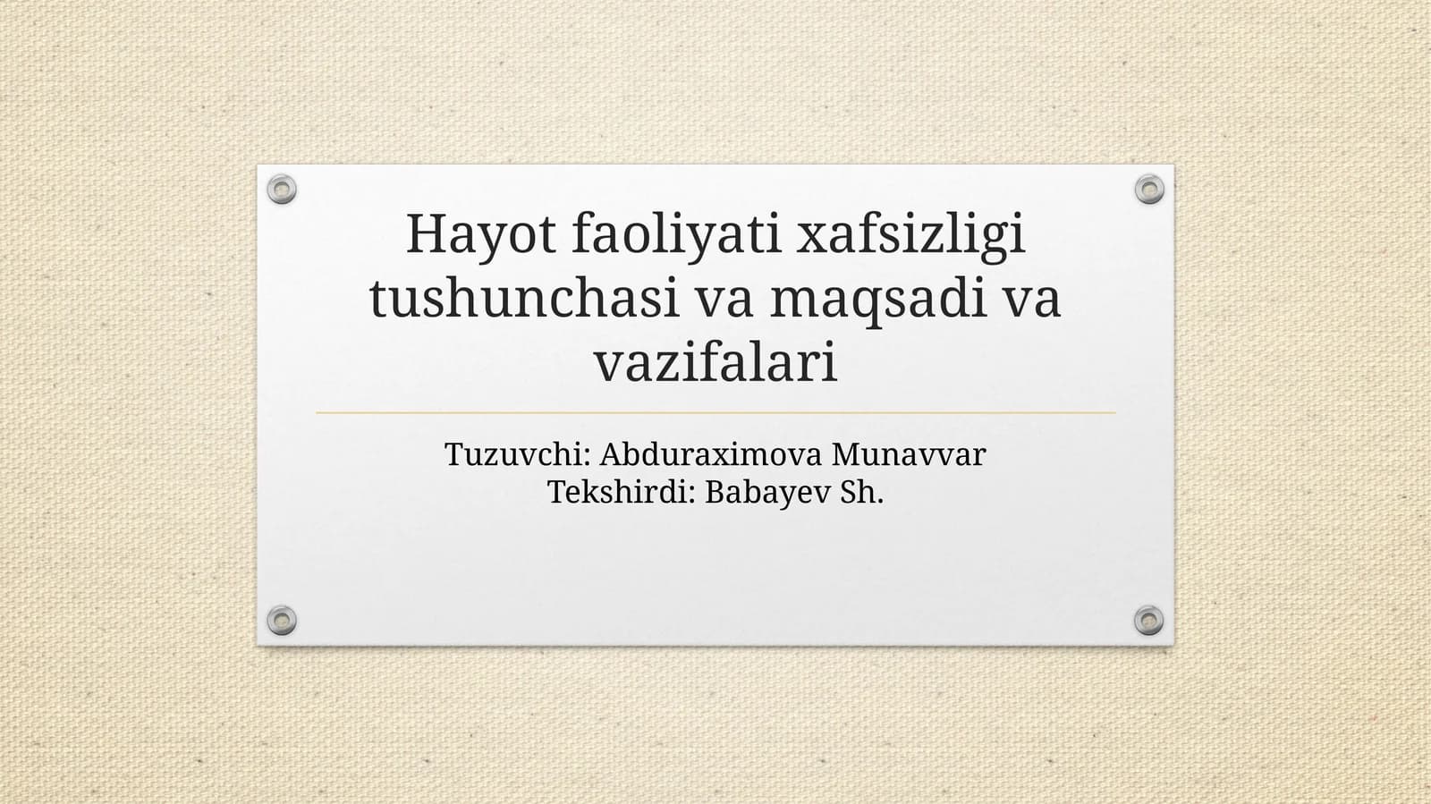 Hayot faoliyati xavfsizligi tushunchasi va maqsadi va vazifalari