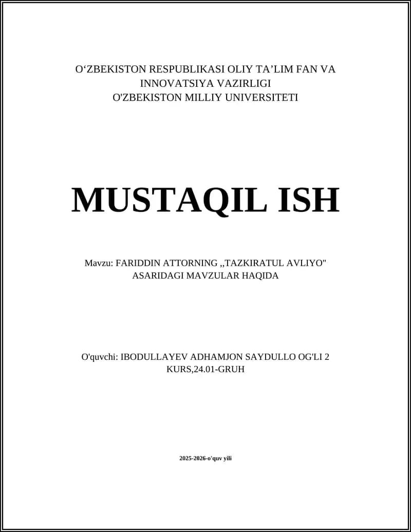 FARIDDIN ATTORNING,,TAZKIRATUL AVLIYO" ASARIDAGI MAVZULAR HAQIDA
