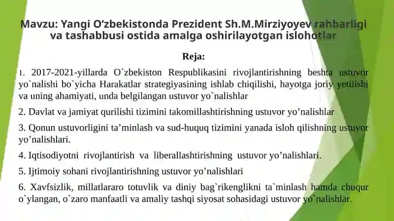Yangi O‘zbekistonda Prezident Sh.M.Mirziyoyev rahbarligi vatashabbusi ostida amalga oshirilayotgan islohotlar