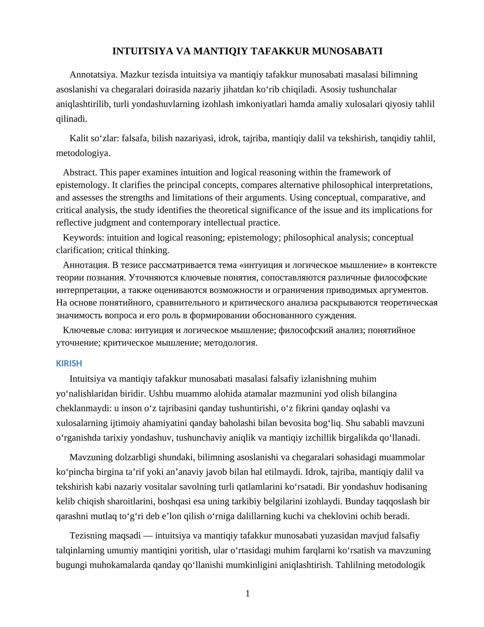 INTUITSIYA VA MANTIQIY TAFAKKUR MUNOSABATI