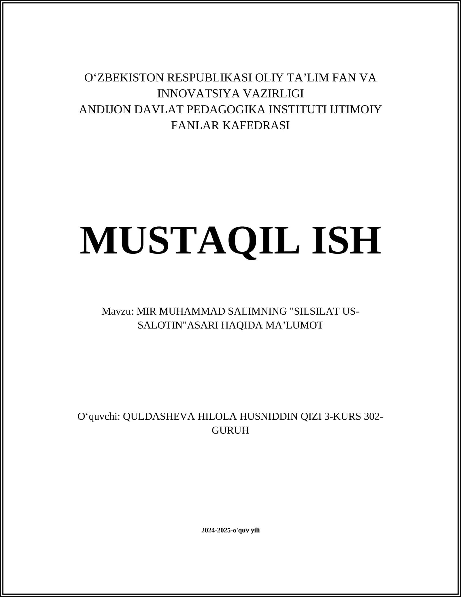 MIR MUHAMMAD SALIMNING "SILSILAT US-SALOTIN" ASARI HAQIDA MAʼLUMOT