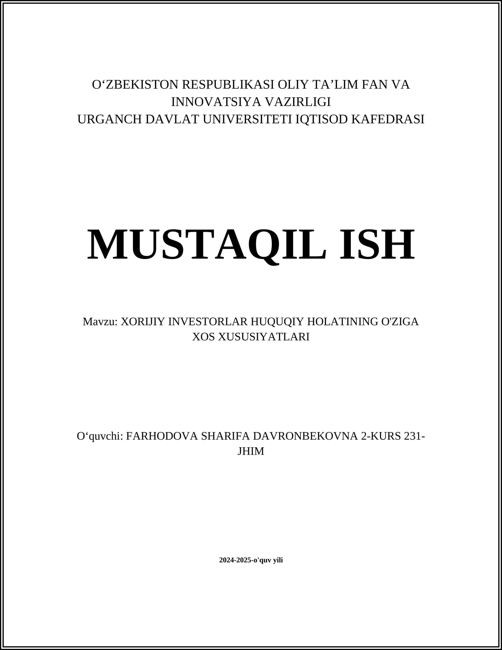 XORIJIY INVESTORLAR HUQUQIY HOLATINING O'ZIGA XOS XUSUSIYATLARI