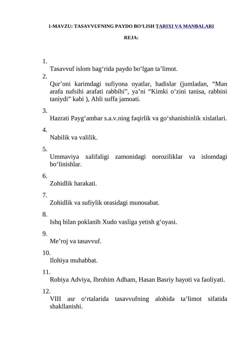 TASAVVUFNING PAYDO BO‘LISH TARIXI VA MANBALARI