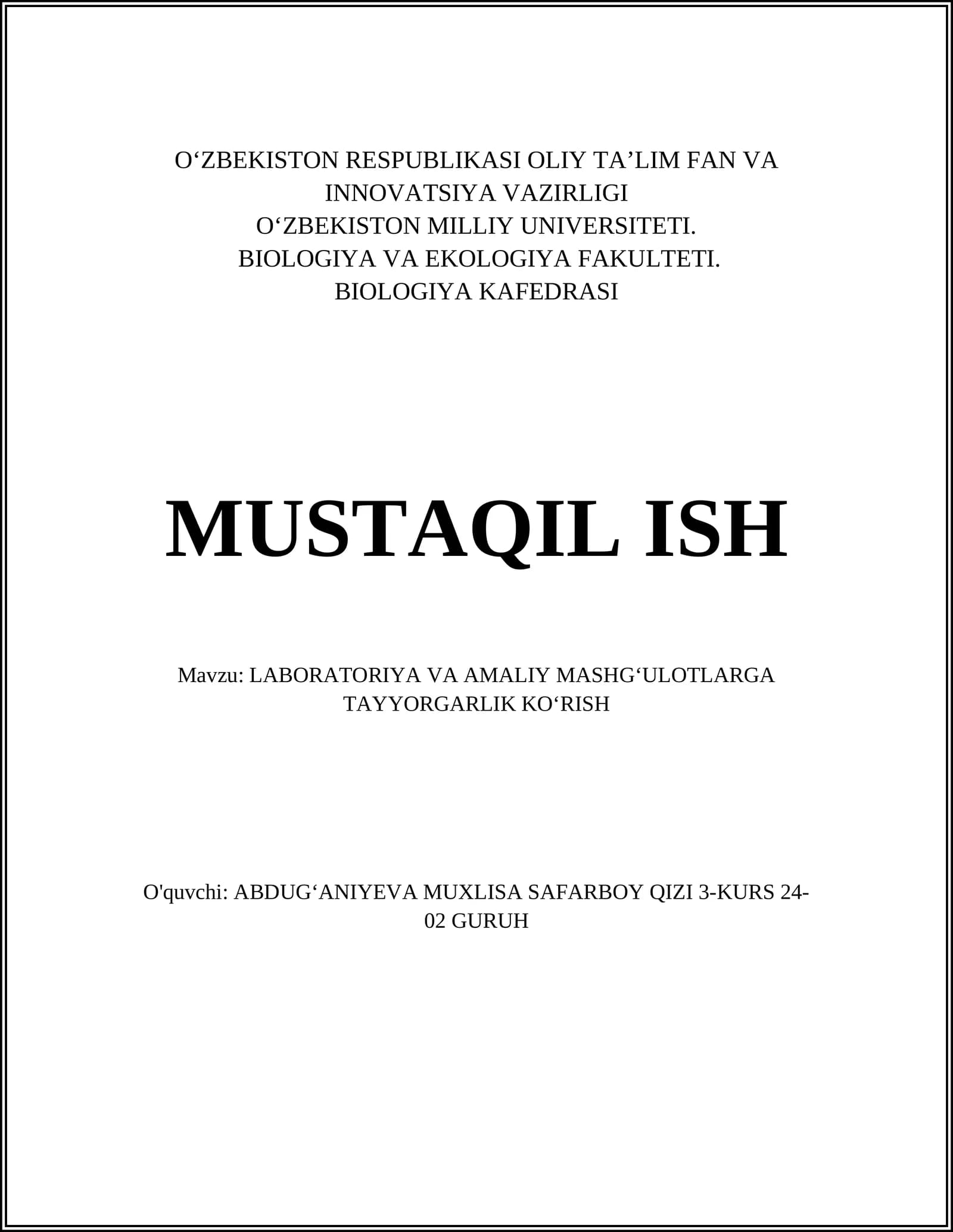 LABORATORIYA VA AMALIY MASHGʻULOTLARGA TAYYORGARLIK KOʻRISH