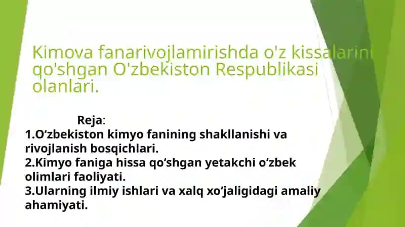 O'zbekiston kimyo fanining shakllanishi va rivojlanish bosqichlari