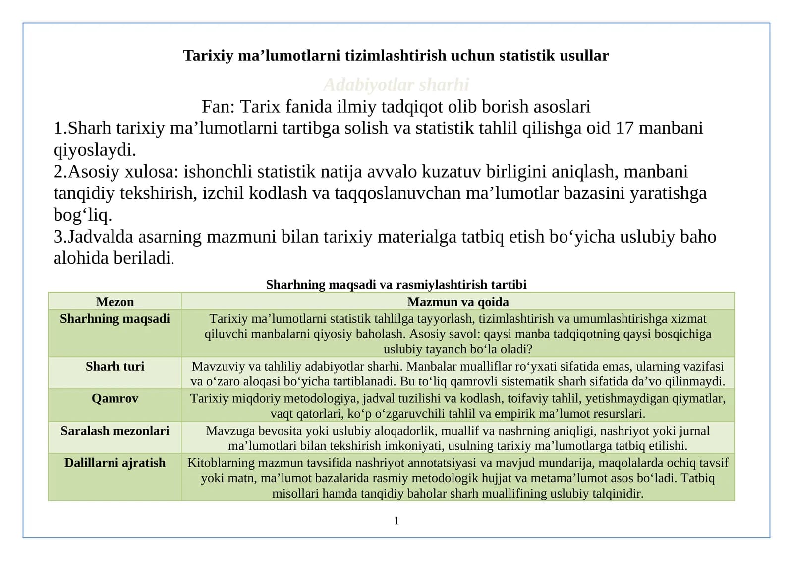 Tarixiy ma’lumotlarni tizimlashtirish uchun statistik usullar mavzusiga oid adabiyotlar sharhini.docx