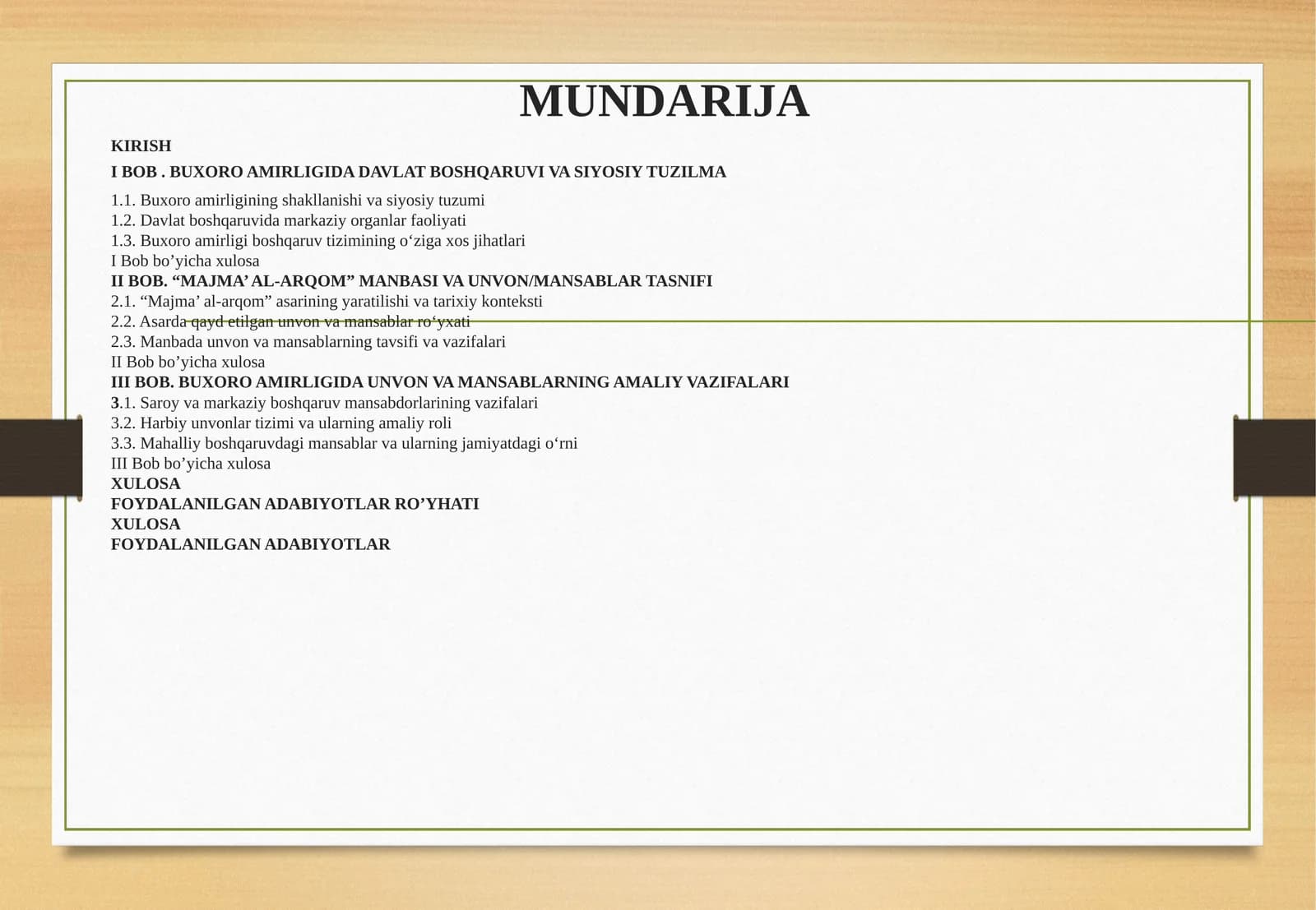 "MUNDARIJA KIRISH I" BOB. BUXORO AMIRLIGIDA DAVLAT BOSHQARUVI VA SIYOSIY TUZILMA