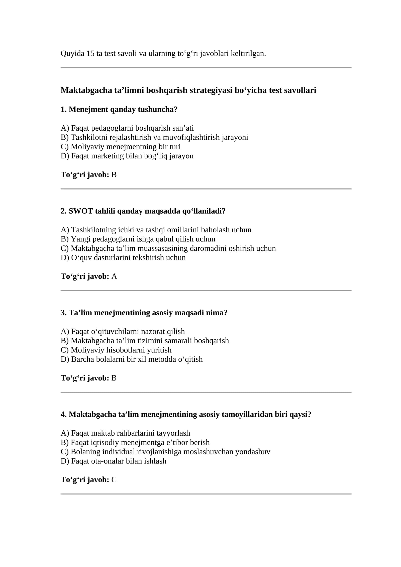 Maktabgacha ta’limni boshqarish strategiyasi bo‘yicha test savollari