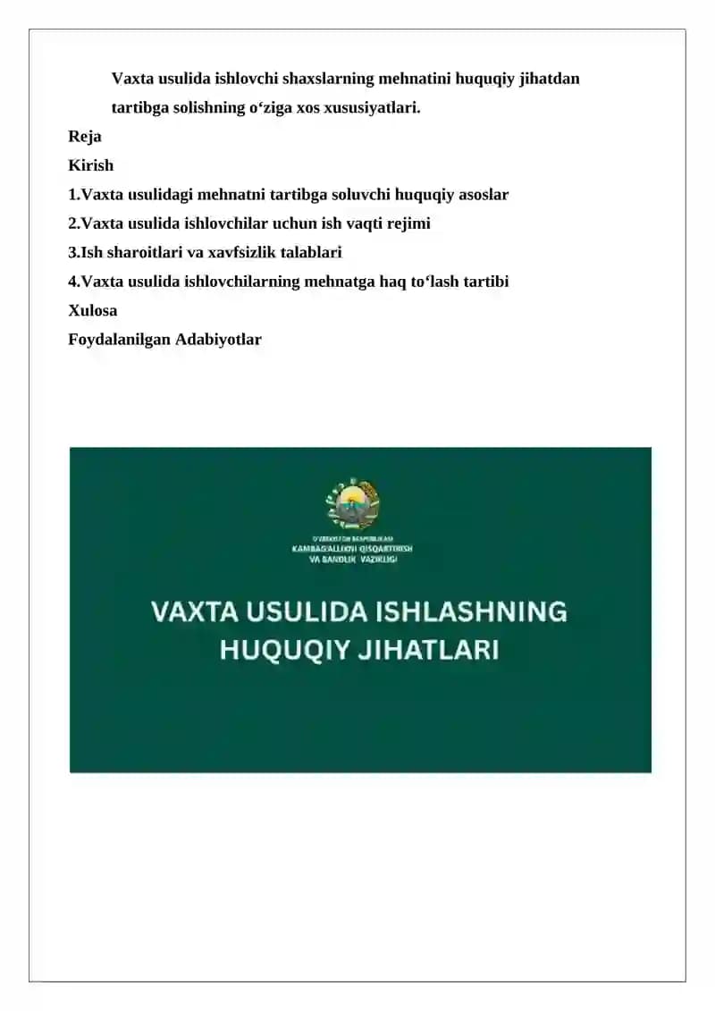Vaxta usulida ishlashni mustaqil ravishda tartibga soluvchi alohida bob