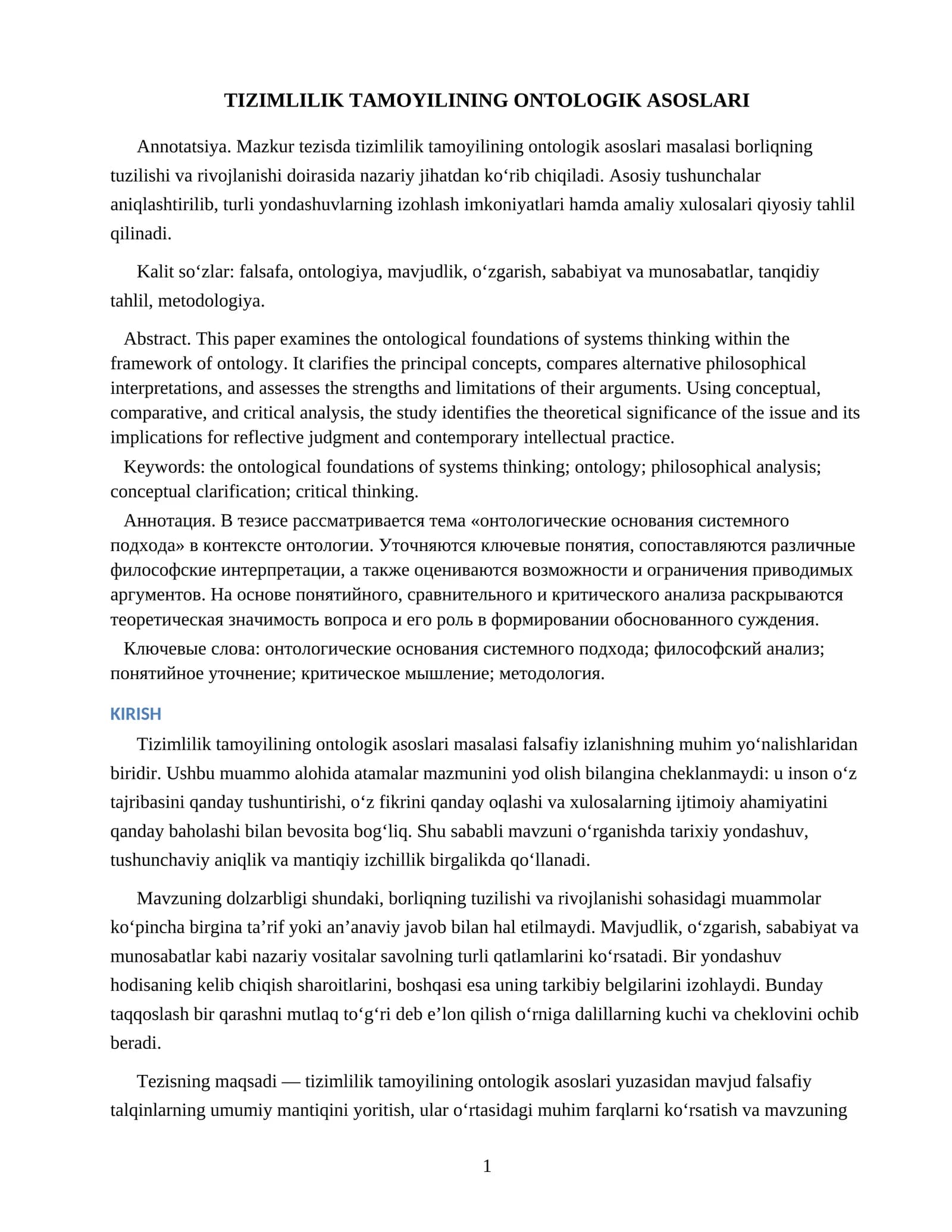 TIZIMLILIK TAMOYILINING ONTOLOGIK ASOSLARI
